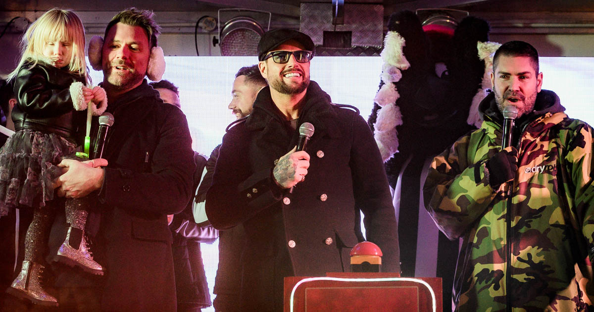 Shane Lynch, Keith Duffy and Brian Mcfadden at Chorley Christmas Light Switch On 2024