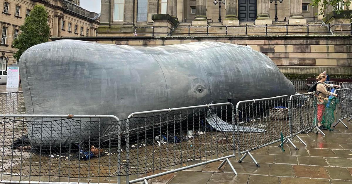 Inflatable whale at Preston's Flag Market in Lancashire