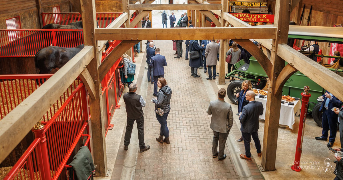 People in business wear in the stable barn with shire horses